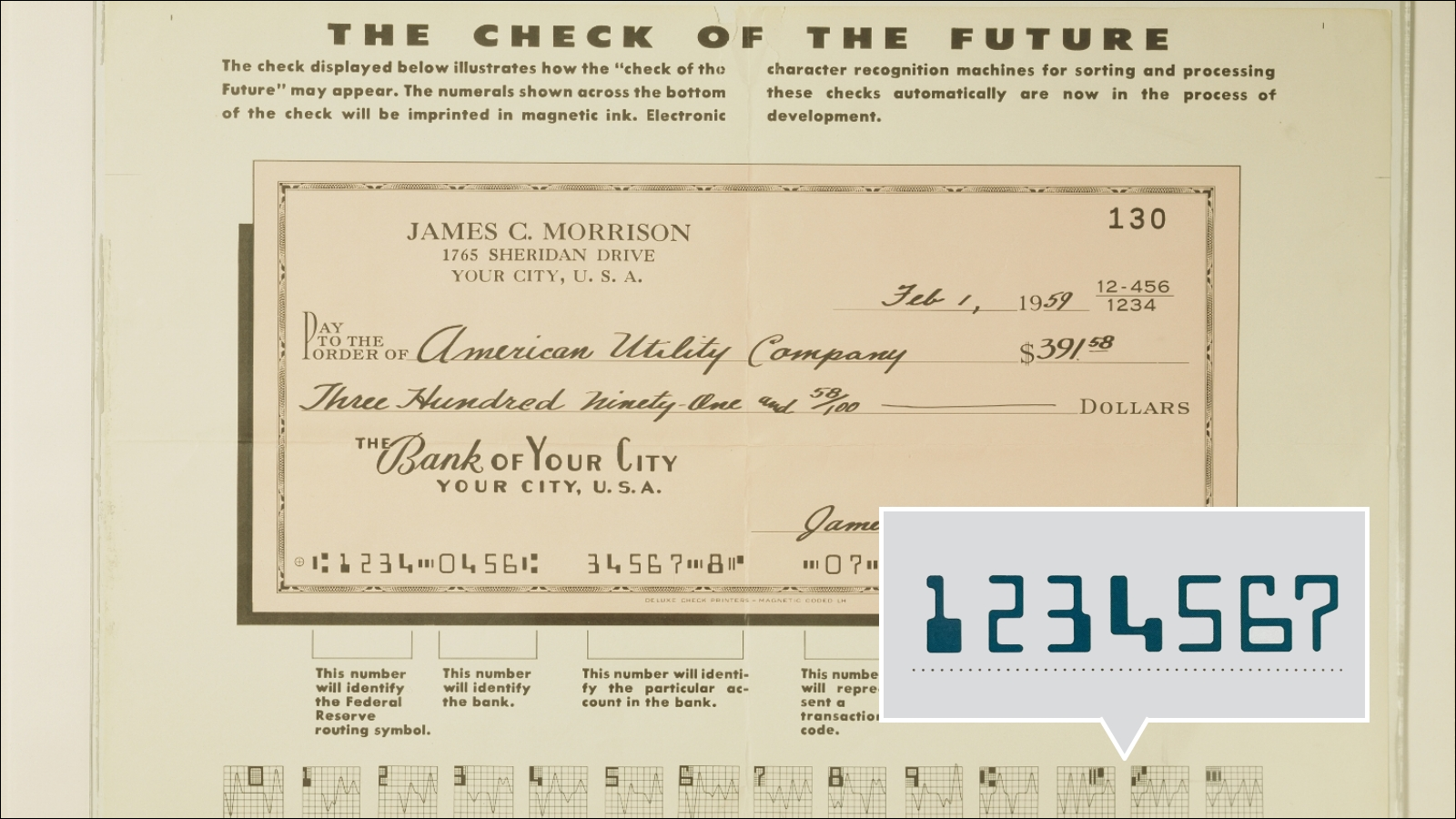 An early Deluxe check showcasing MICR technology